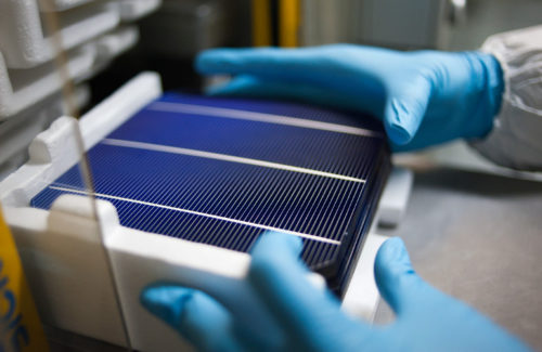 Archive photo of stacked solar cells at SolarWorld's Oregon manufacturing facility.