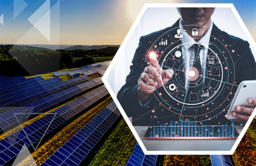 A hexagonal image of a person holding a cellphone is superimposed over a field of solar panels. 