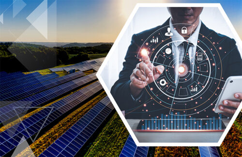 A hexagonal image of a person holding a cellphone is superimposed over a field of solar panels.